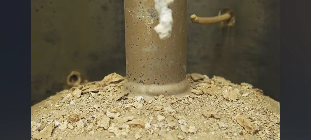 Sediment collected around a pipe inside an opened storage vessel
